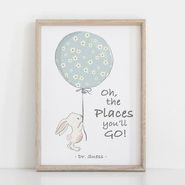 Dr Seuss Quote "Oh The Places You'll Go" Blue Kids Bedroom Baby Nursery Wall Print