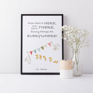 Dr Seuss Book Quote, "From there to here..." Bunny Print, Kids Bedroom Baby Nursery Wall Art Decor