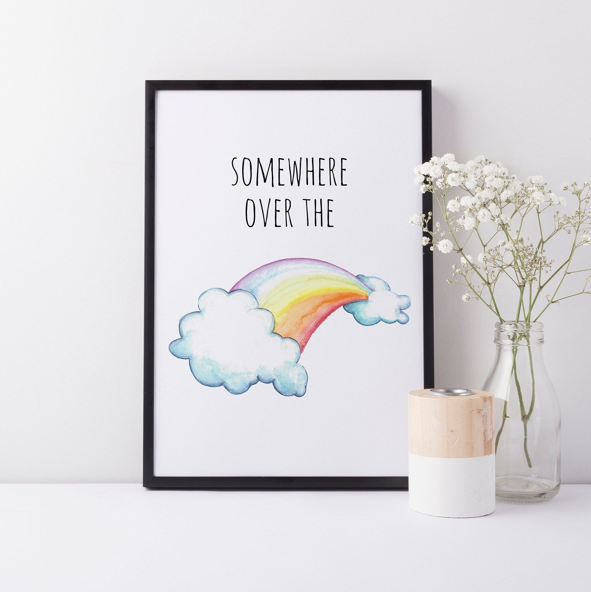 Rainbow Wall Art Decor, 'Somewhere Over The Rainbow', Quote Nursery Art Print, Wall Decor A3, A4 or A5