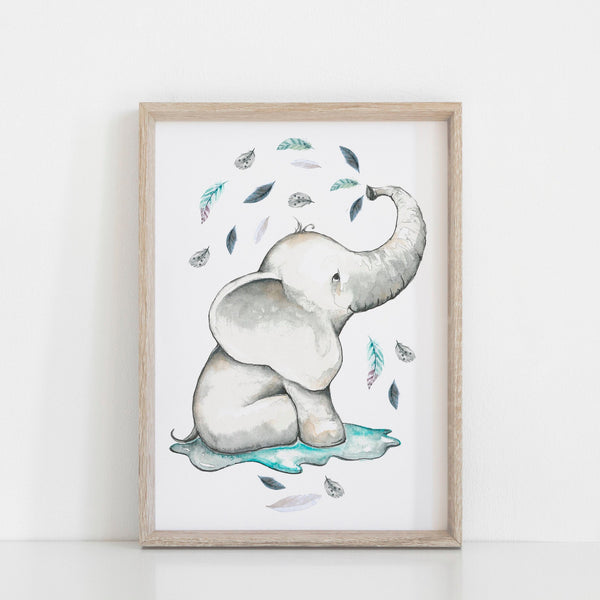 Boho Elephant Nursery Wall Print, Baby Boy Nursery Decor, Blue Elephant Leaf theme A3, A4 or A5