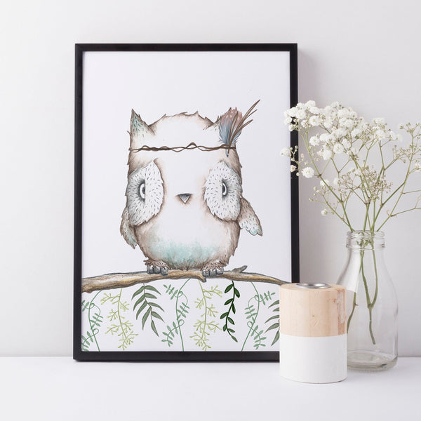 Boho Woodland Perched Owl Wall Print, Kid's Bedroom/Nursery Wall Decor