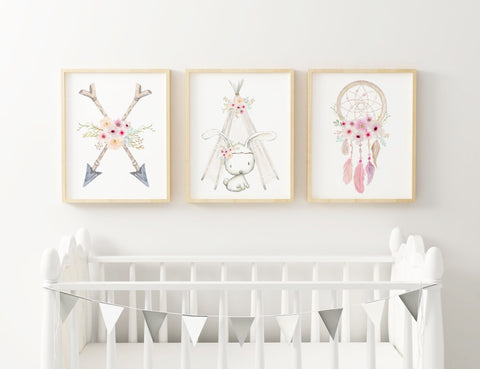 Boho Tribal Woodland Nursery Art Decor, Set of 3, Bunny Rabbit, Teepee, Arrows, Baby Girl Nursery Print A3, A4 or A5