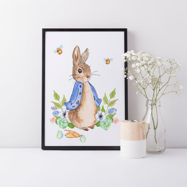 Custom Personalised Name Peter Rabbit Print Set, Blue Beatrix Potter Baby Nursery Decor Gender Neutral Wall Art, Set of 3, A3, A4 or A5