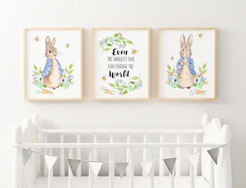 Peter Rabbit Print Set, Even the Smallest One Quote, Blue Beatrix Potter Baby Nursery Decor Gender Neutral Wall Art, Set of 3, A3, A4 or A5