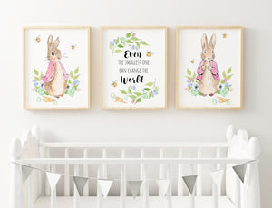 Peter Rabbit Print Set, Even the Smallest One Quote, Pink Beatrix Potter Baby Nursery Decor Wall Art, Set of 3, A3, A4 or A5