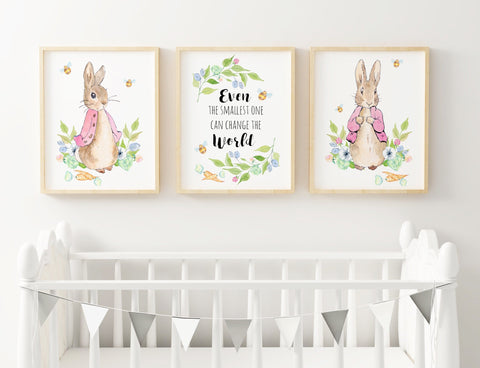 Peter Rabbit Print Set, Even the Smallest One Quote, Pink Beatrix Potter Baby Nursery Decor Wall Art, Set of 3, A3, A4 or A5