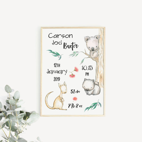 Australian Animal Custom Personalised Birth Print, Nursery Print, Kids Bedroom Wall Art Decor