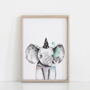Boys Safari Zoo Animal Elephant Nursery Art Decor, Party Elephant with Bubbles, Baby Nursery Print, Wall Art