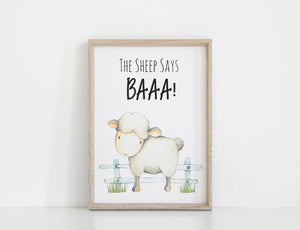 Farm Yard Sheep Nursery Print, The Sheep Says Baa Wall Art Baby Nursery Decoration A3, A4 or A5  Baby Shower Gift