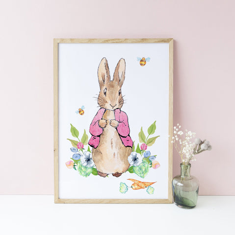 Peter Rabbit Wall Nursery Print, Pink Beatrix Potter Baby Girl Wall Art, Peter Rabbit Nursery Decoration A3, A4 or A5