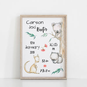 Australian Animal Custom Personalised Birth Print, Nursery Print, Kids Bedroom Wall Art Decor