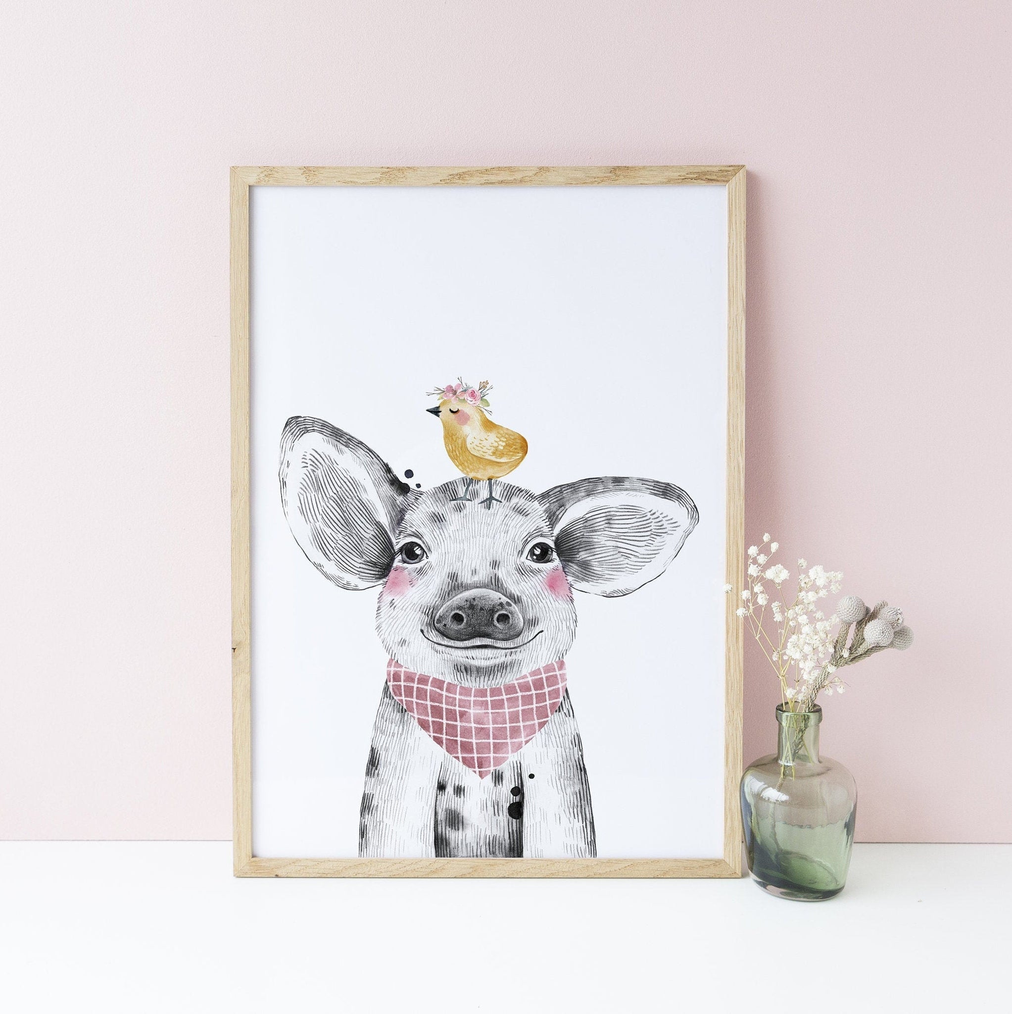 Farm Animal Pig Wall Art Print, Girls Nursery Bedroom Decoration