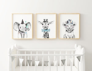 Boys Safari Zoo Animals Nursery Art Decor, Set of 3, Elephant, Giraffe, Lion, Baby Nursery Print, Wall Art