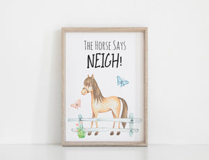 Farm Yard Horse Nursery Print, The Horse Says Neigh, Wall Art Baby Nursery Decoration A3, A4 or A5  Baby Shower Gift