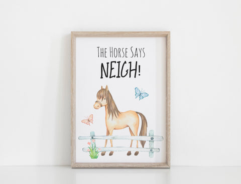 Farm Yard Horse Nursery Print, The Horse Says Neigh, Wall Art Baby Nursery Decoration A3, A4 or A5  Baby Shower Gift
