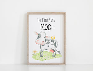 Farm Yard Cow Nursery Print, The Cow Says Moo Wall Art Baby Nursery Decoration A3, A4 or A5  Baby Shower Gift