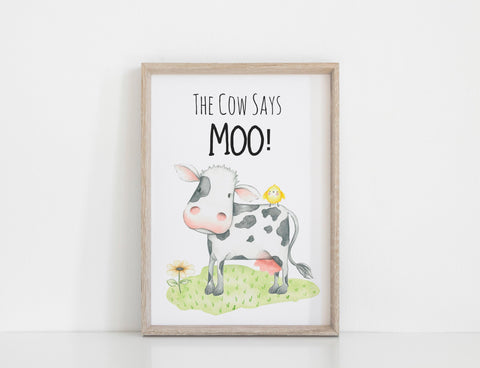 Farm Yard Cow Nursery Print, The Cow Says Moo Wall Art Baby Nursery Decoration A3, A4 or A5  Baby Shower Gift