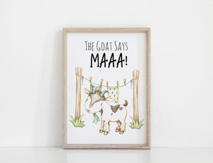 Farm Yard Goat Nursery Print, The Goat Says Maa Wall Art Baby Nursery Decoration A3, A4 or A5  Baby Shower Gift