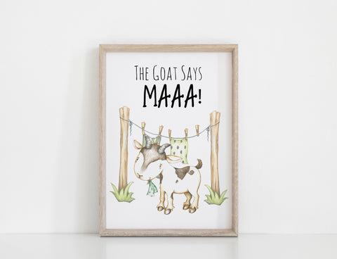 Farm Yard Goat Nursery Print, The Goat Says Maa Wall Art Baby Nursery Decoration A3, A4 or A5  Baby Shower Gift