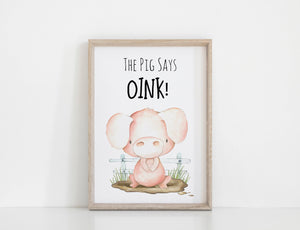 Farm Yard Pig Nursery Print, The Pig Says Oink Wall Art Baby Nursery Decoration A3, A4 or A5  Baby Shower Gift