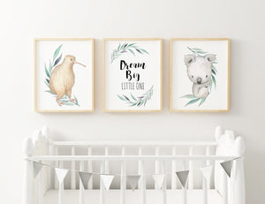 Australian Kiwi Dream Big Little One Nursery Art Decor, Set of 3, Kiwi, Koala Australian Animal Print Baby Nursery Art A3, A4 or A5