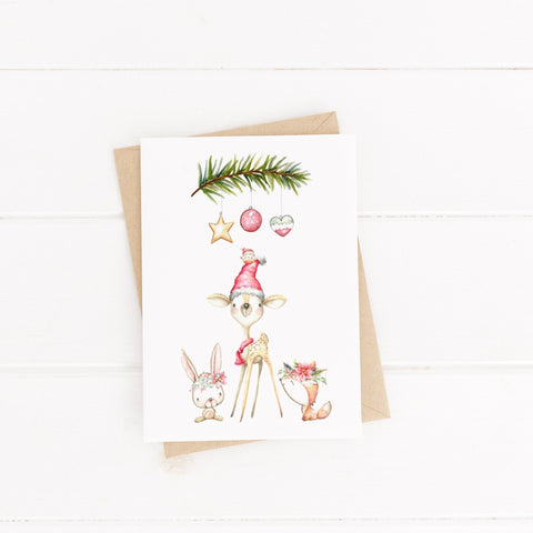 Christmas Greeting Card / Woodland Christmas Deer Rabbit and Fox / C6 Blank Inside/ Kraft Envelope