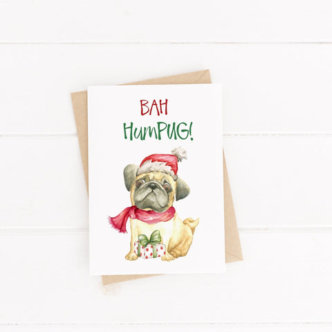 Funny Pug Greeting Card / Christmas Card / Animal Pun / C6 Blank Inside / Bah Hum Pug