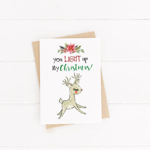 Funny Christmas Card / Reindeer Card / Animal Pun / C6 Blank Inside / You Light up my Christmas