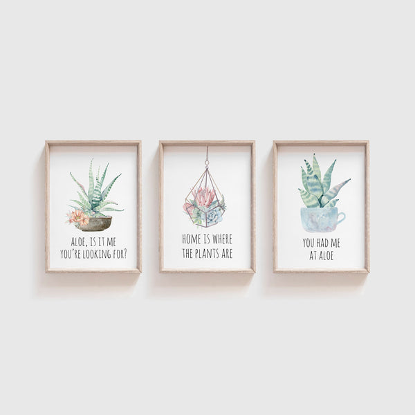 Set of 3 Watercolour Succulent Prints - Plant Art Print with Funny Quotes - Gallery Wall Aloe Plant Print Set - Home is where the plants are