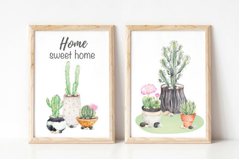 Set of 2 Watercolour Cactus Prints - Plant Art Prints with quote Home Sweet Home - cute colourful cacti in pots