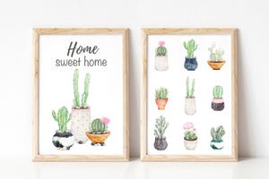 Set of 2 Watercolour Cactus Prints - Plant Art Prints  - Cacti in Pots - Home Sweet Home Quote