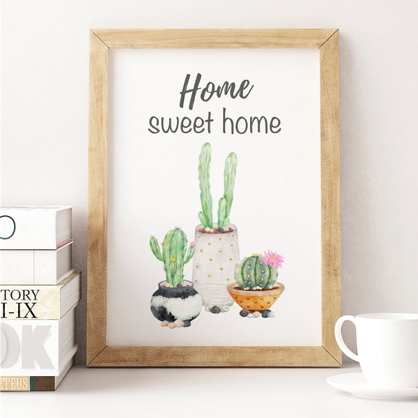 Set of 2 Watercolour Cactus Prints - Plant Art Prints  - Cacti in Pots - Home Sweet Home Quote
