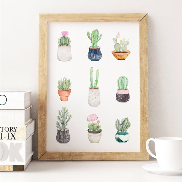 Set of 2 Watercolour Cactus Prints - Plant Art Prints  - Cacti in Pots - Home Sweet Home Quote