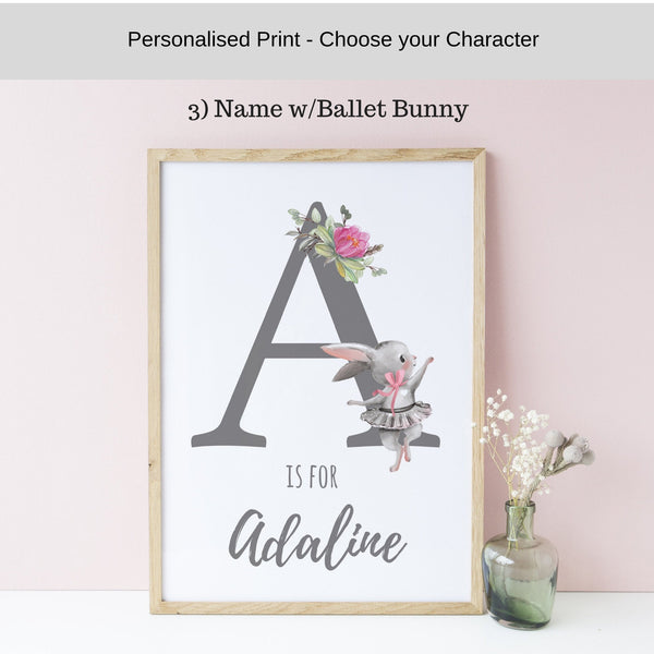 Ballerina Personalised Ballet Print Set, Baby Girl Nursery Prints, Girls Bedroom Decor, Custom Name Print, Ballerina Bunny
