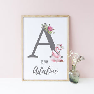 Custom Name Personalised Ballet Flamingo Wall Print, Ballerina Theme Girls Bedroom Decor, Baby Girl Nursery Print