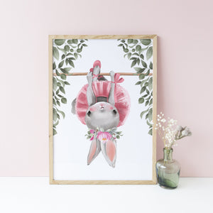 Ballerina Bunny Girls Bedroom Print, Wall Decor, Baby Girl Nursery Print, Ballet Theme Wall Print, Greenery Border