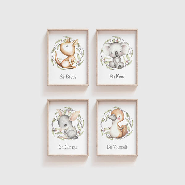 Australian Animal Wall Prints, Set of 4 Nursery Prints, Greenery Wreath Kangaroo Koala Bilby Platypus