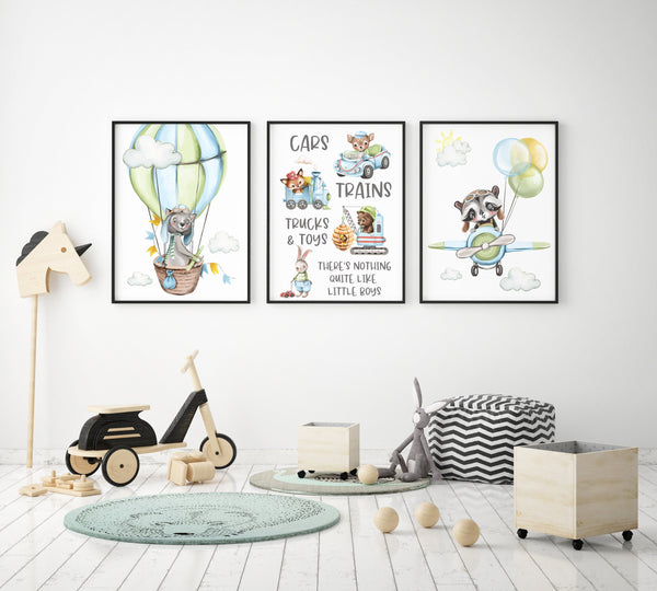 Transportation Nursery Art Print Wall Decor, Set of 3, Boys Bedroom Wall Prints, Planes Trains Trucks Toys Quote,
