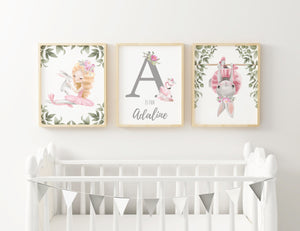 Ballerina Personalised Ballet Print Set, Baby Girl Nursery Prints, Girls Bedroom Decor, Custom Name Print, Ballerina Bunny