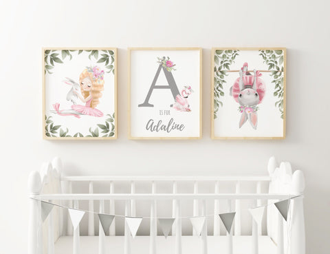 Ballerina Personalised Ballet Print Set, Baby Girl Nursery Prints, Girls Bedroom Decor, Custom Name Print, Ballerina Bunny