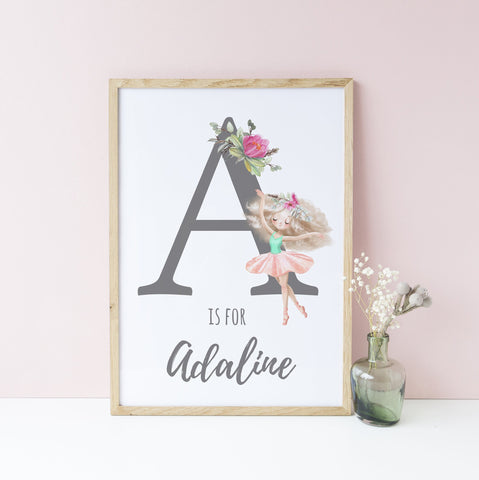 Custom Name Personalised Ballerina Wall Print, Ballet Theme Girls Bedroom Decor, Baby Girl Nursery Print