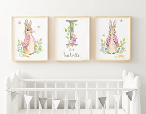 Custom Personalised Name Peter Rabbit Print Set, Pink Grey Beatrix Potter Baby Nursery Decor Baby Girl Wall Art, Set of 3