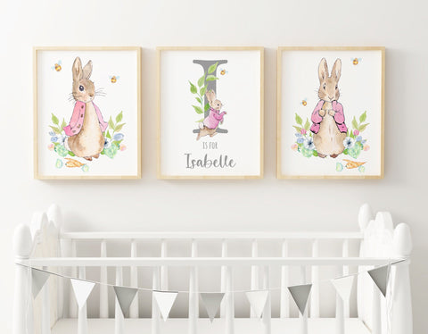 Custom Personalised Name Peter Rabbit Print Set, Pink Grey Beatrix Potter Baby Nursery Decor Baby Girl Wall Art, Set of 3