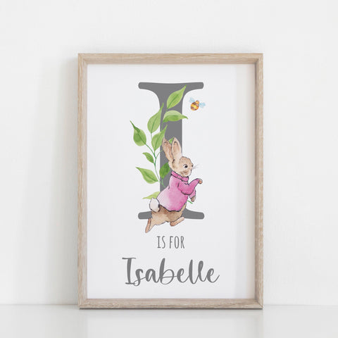 Personalised Peter Rabbit Wall Nursery Print, Pink Beatrix Potter Baby Girl Wall Art, Girls Nursery Decoration, Custom Name Print