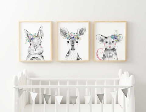 Purple Floral Woodland Animals Nursery Wall Art Decor, Set of 3, Rabbit, Mouse, Deer, Baby Girl Nursery Wall Prints