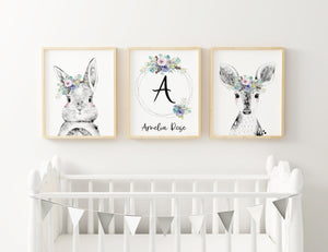 Personalised Woodland Print Set, Girl Boho Floral Nursery Personalised Print, Custom Name Print, Girls Room Decor, Kids Room Wall Art