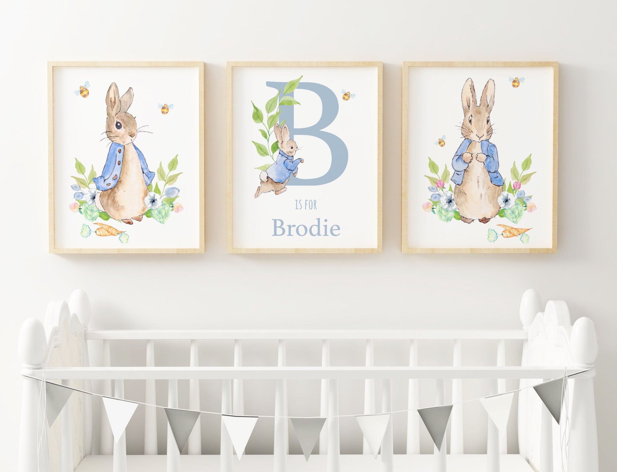 Custom Personalised Name Peter Rabbit Print Set, Blue Beatrix Potter Baby Nursery Decor Gender Neutral Wall Art, Set of 3, A3, A4 or A5