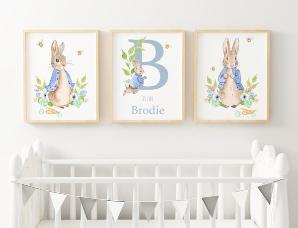 Custom Personalised Name Peter Rabbit Print Set, Blue Beatrix Potter Baby Nursery Decor Gender Neutral Wall Art, Set of 3, A3, A4 or A5