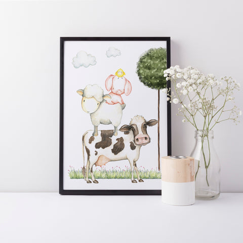 Farm Yard Animals Nursery Print, Cow, Sheep, Pig, Chicken Stacked Farm Animal Wall Art, Neutral Wall Print Baby Nursery Decor