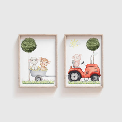 Farm Yard Nursery Print Set of 2, Pig Driving a Tractor, Calf and Lamb Wagon, Farm Animal Wall Art Baby Nursery Decor